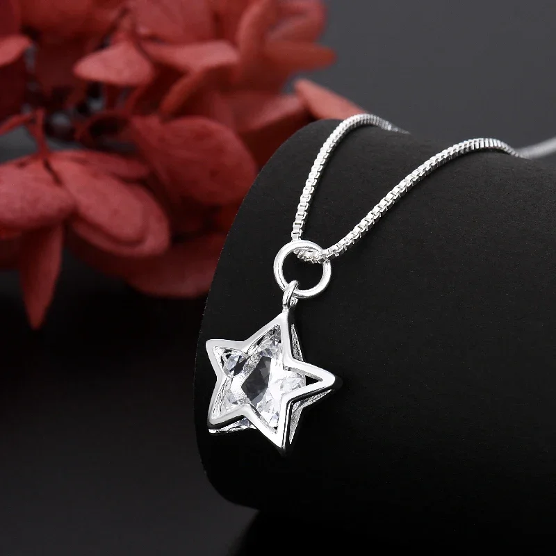 New korean fashion 925 Sterling Silver pretty Shining Crystal Star necklace for Women Party Wedding accessories Jewelry gifts