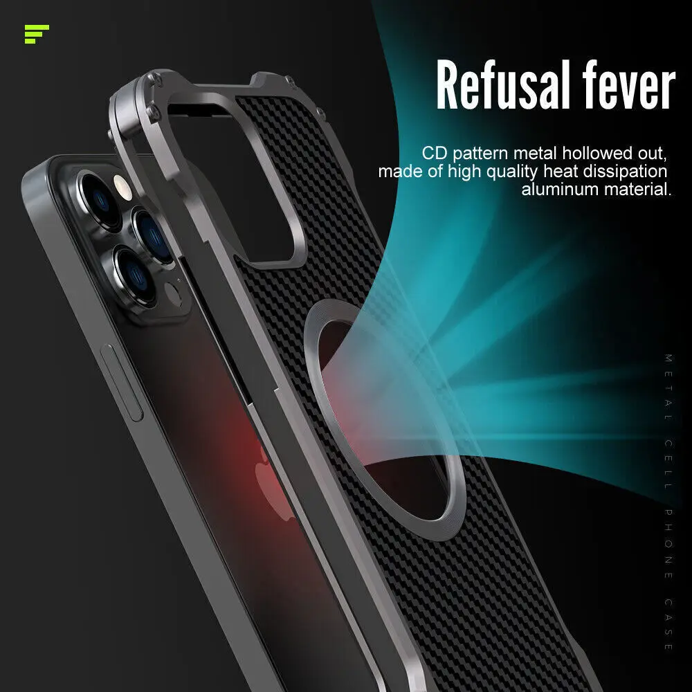 Aluminum Metal Bumper Case for iPhone 14 13 Pro Max Carbon Fiber Back Phone Camera Cover for iPhone 12 Pro Max Slim Mag for Safe