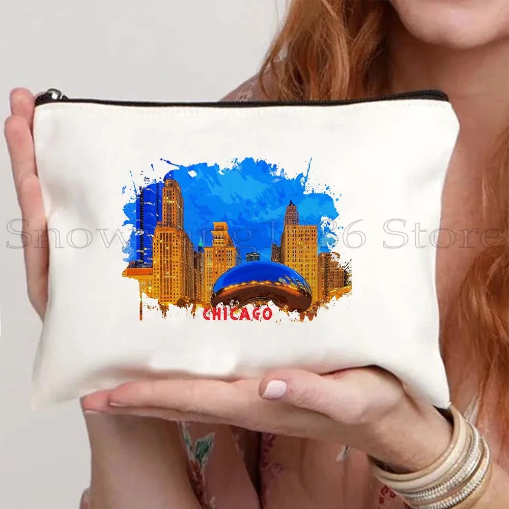 

Чикаго San Miguel De Allende Мексика Санта Моника Акварельная краска тушью Косметичка для макияжа Туалетная сумка Пенал на молнии