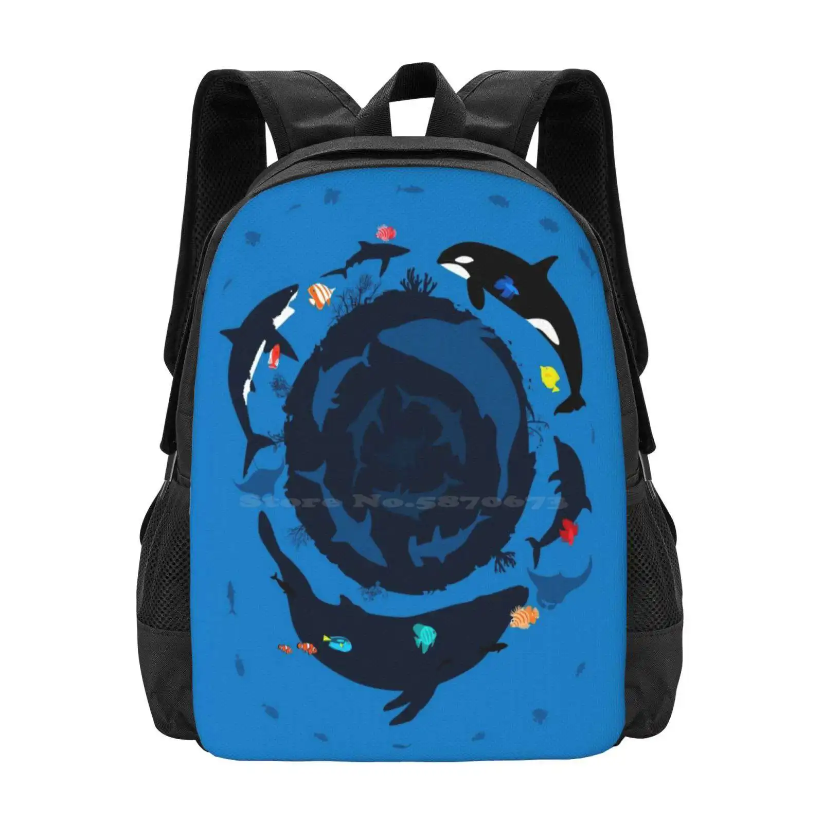 Ocean 360 Fashion Pattern Design Travel Laptop School Backpack Bag Ocean Shark Killer Whale Fish Clown Tropical Fishes