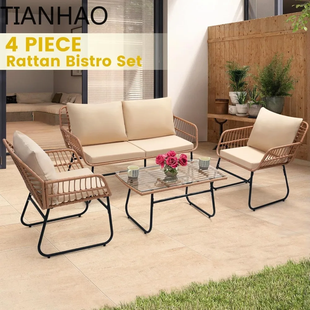 4 Piece Patio Bistro Outdoor Furniture Set,Wicker Sofa,2 Rattan Chairs, and Table,Backyard Conversation Set,All Weather Cushions