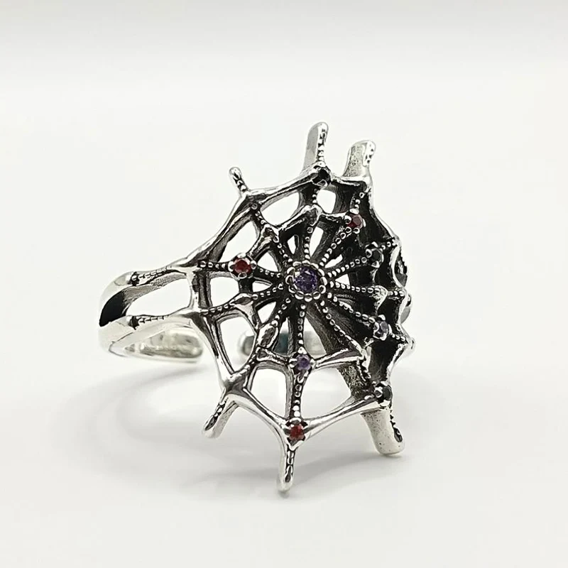 Exaggerated Retro-style Art Deco Ring Thai Silver Intricate Spiderweb Rings Inlay Zircon Finger Jewelry KOFSAC