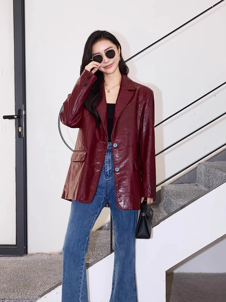 Vintage Genuine Leather Blazer Jackets for Women Spring Autumn 2025 New High-end Simple Soft Oil Wax Real Goatskin Leather Coat