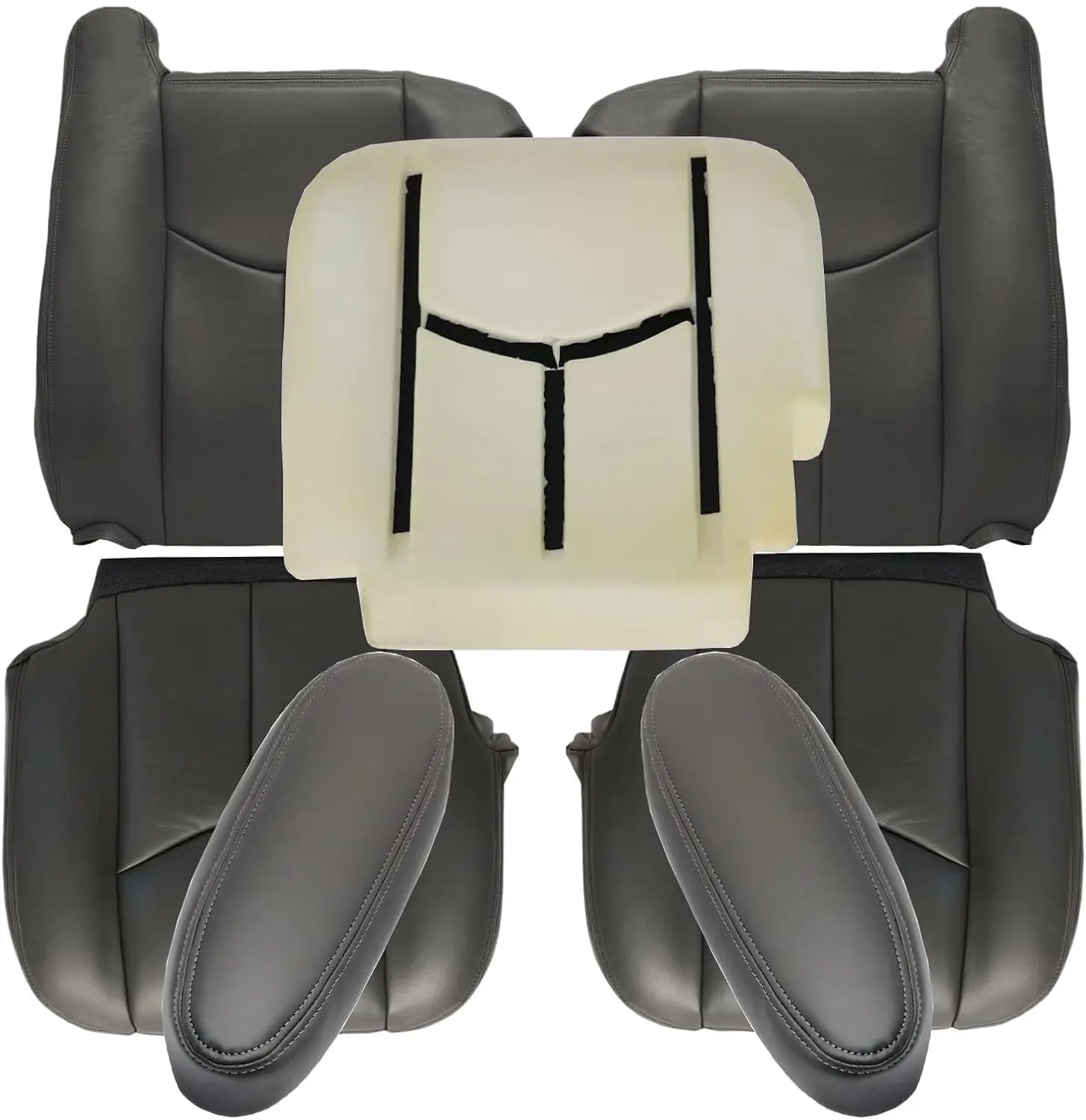 Driver and Passenger Bottom & Top Lean Back Leather Seat Cover & Driver Foam & Armrest Cover Dark Gray 692/69i Fit for Chevy Sil