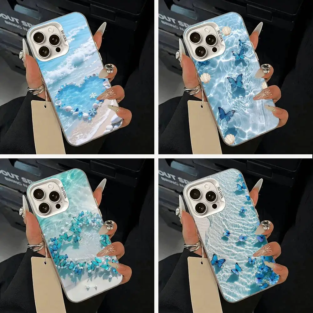 

Blue Butterfly Ocean wave Phone Case For iPhone 17,16,15,14,13,12,11 Plus,Pro Max,XS,white silver phone case