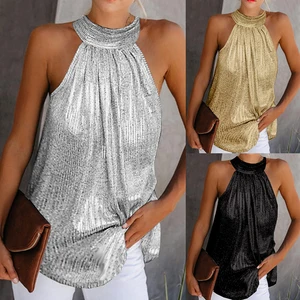 Women's golden blouse with high collar, sleeveless tank top, loose vest, casual shirt, fashion t -shirt, summer, 2024 10 Main Sales Gold Blouse - №8