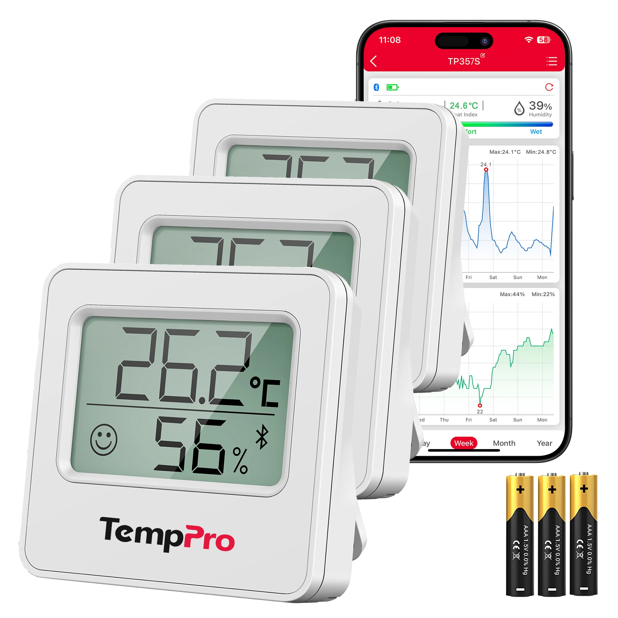 Digital Hygrometer Probe - TempPro TP357-3 スマートワイヤレス湿度計温度計 室温湿度センサー マグネット式壁掛け ベビールームや地下室に最適