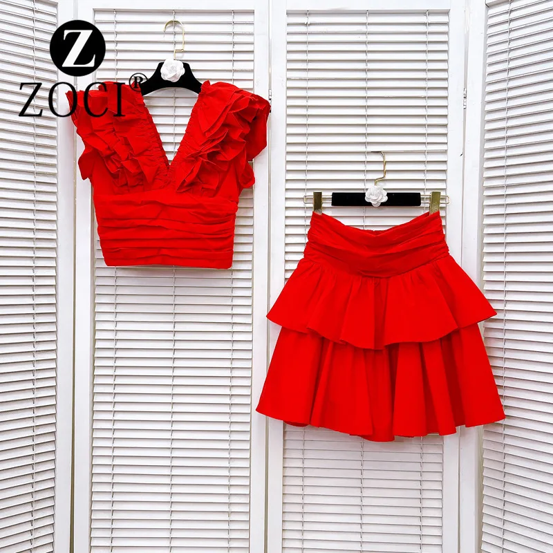 [ZOCI] Sexy Slim Fit V-neck Mushroom Edge Flying Sleeve Short Vest Top Ruffled Skirt Set