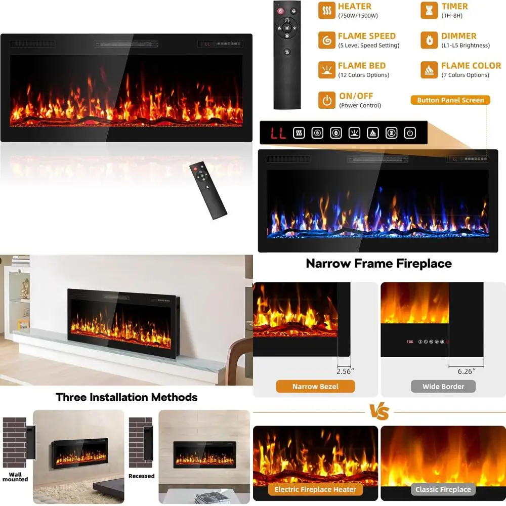 Wide Screen Electric Fireplace with Ultra Narrow Bezel, HD Flame Effect, Modern Wall Mounted Fuel Bed Logs for Contemporary Home