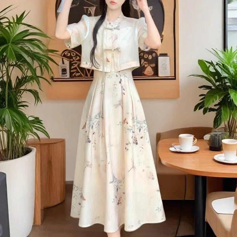 

Летний комплект с цветочным принтом, женское платье с лямкой на шее, топ с короткими рукавами на пуговицах, модный комплект из двух предметов в этническом стиле, юбка длиной до пола