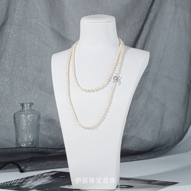 60cm natural freshwater , multi-layered long pearl necklace high-luster rice-shaped pearls with slight imperf