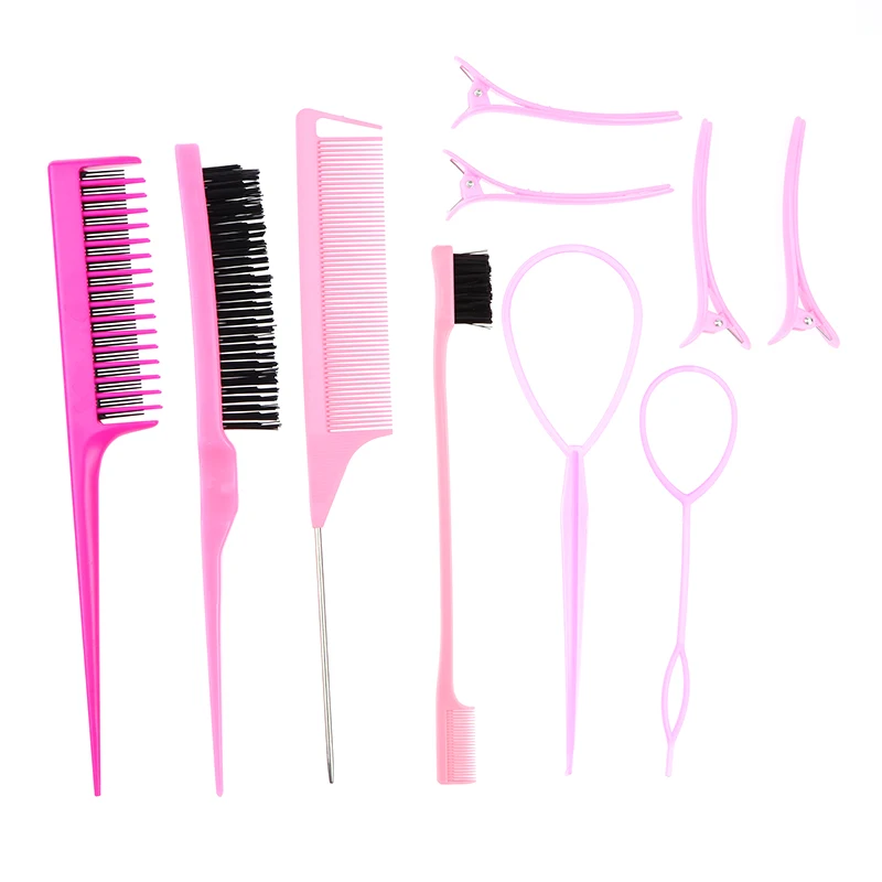 6 10Pcs Salon Hair Styling Set Rat Tail Pointed Comb Dual Head Eyebrow Brush Teasing Brush Edge Braid Loop Coiler Accessories