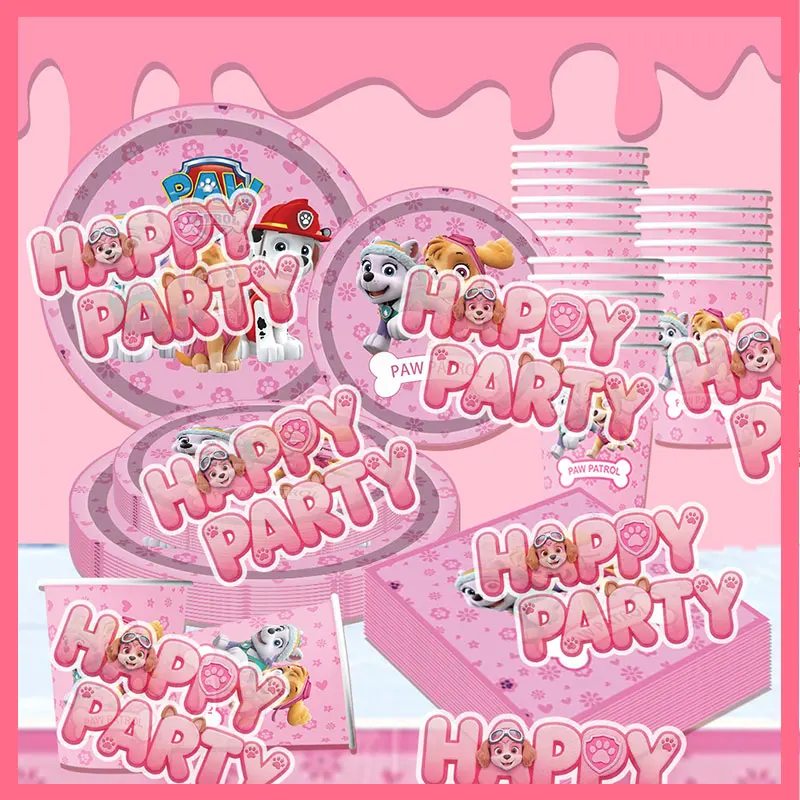 Rosa Paw Patrol Geburtstagsparty Dekorations-Set Skye Paw Patrol Happy Birthday Teller Becher Servietten Tischdecke Tischware Luftballons