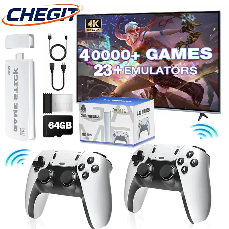 Console de jeu vidéo TV 4K M15, 30000 +/40000 jeux intégrés, lecteur de jeu portable 64 go, contrôleur sans fil, manette de jeu rétro