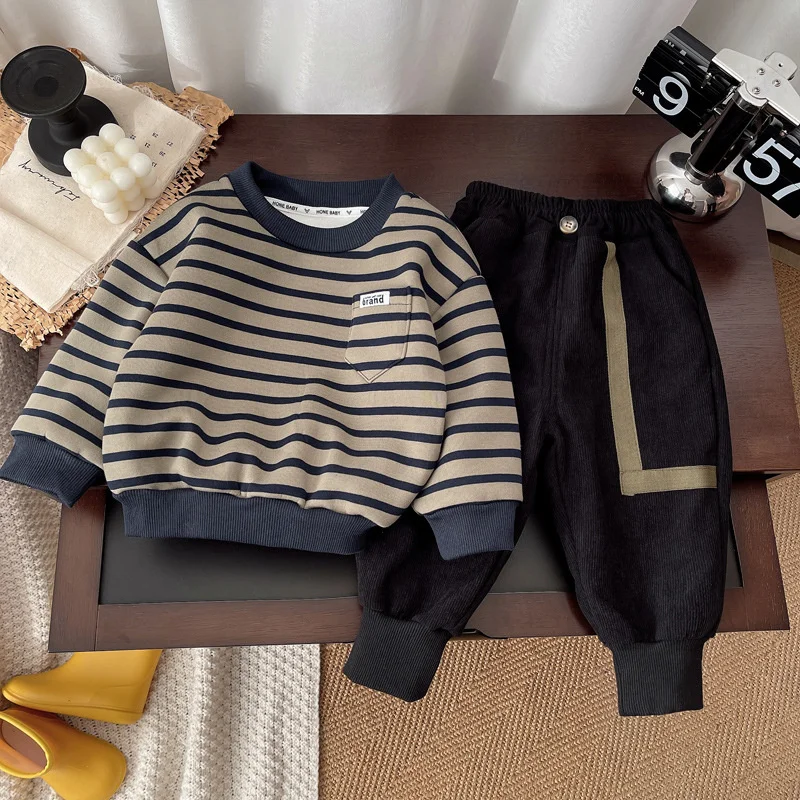 Winter Kids Warm Sets Autumn Baby Stripe Fleece Suits Boys Girls Pullover+Pants 2Pcs Tracksuit Outfits Children Clothes 1-5 Year