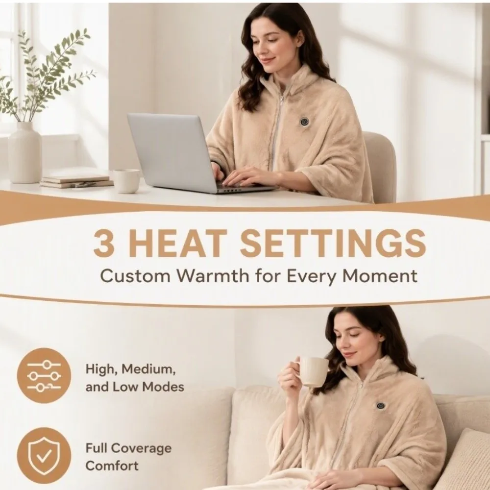 Zipper Design Electric Shawl Blanket Soft Double-Layer USB Shawl Blanket Warm-keeping Thickened Plush Shawl for 10W/5V Adults