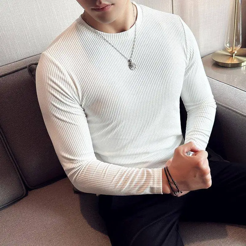 

Мужская облегающая футболка с длинным рукавом, повседневная, с круглым вырезом, стрейч, в полоску, разноцветная, весна-осень, дышащая, теплая, базовый слой