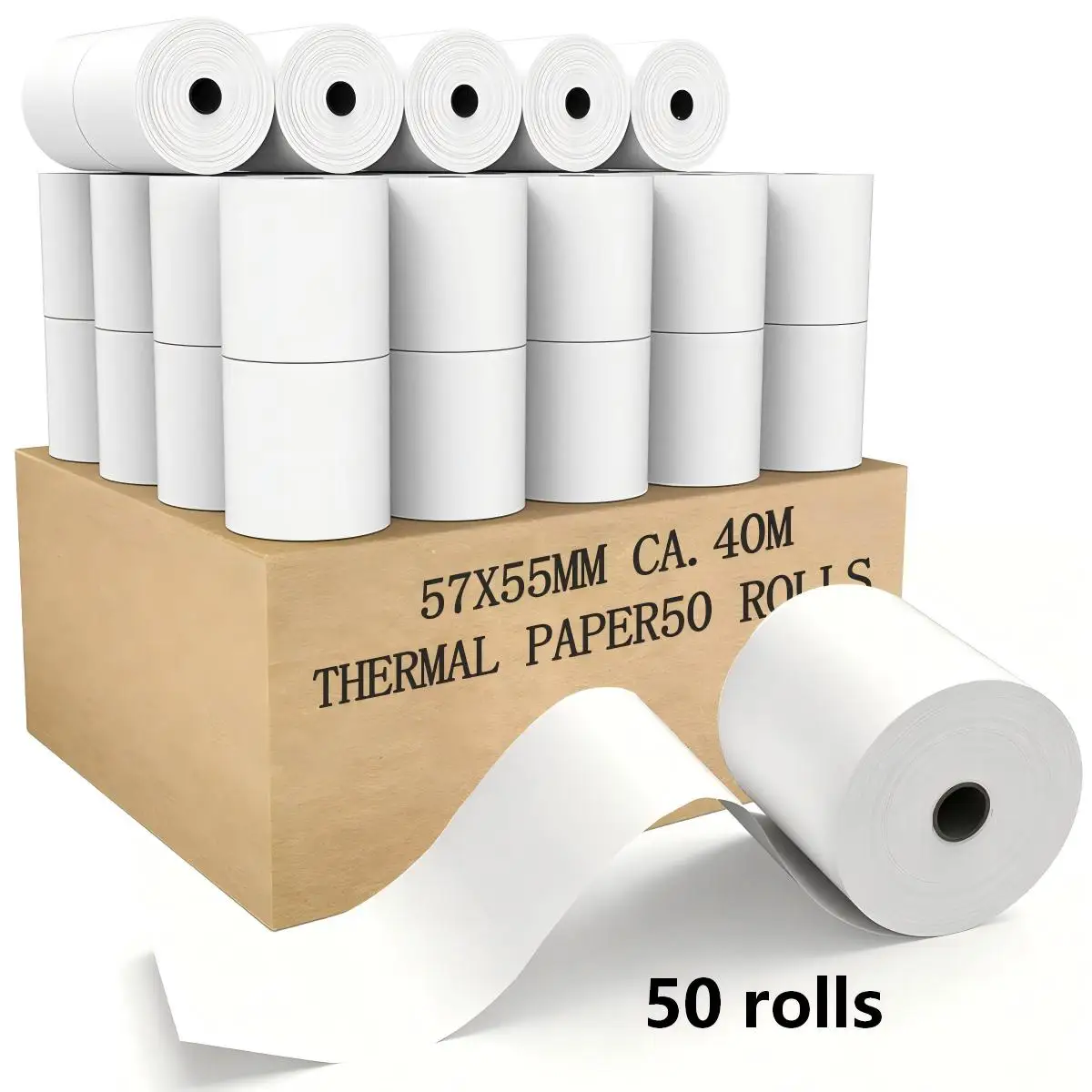 Rouleaux de papier thermique pour systèmes de point de vente, 57 mm x 55 mm x 40 m, 40 mètres de long par rouleau, grammage de 48 g, adaptés aux systèmes de point de vente et aux imprimantes de reçus.