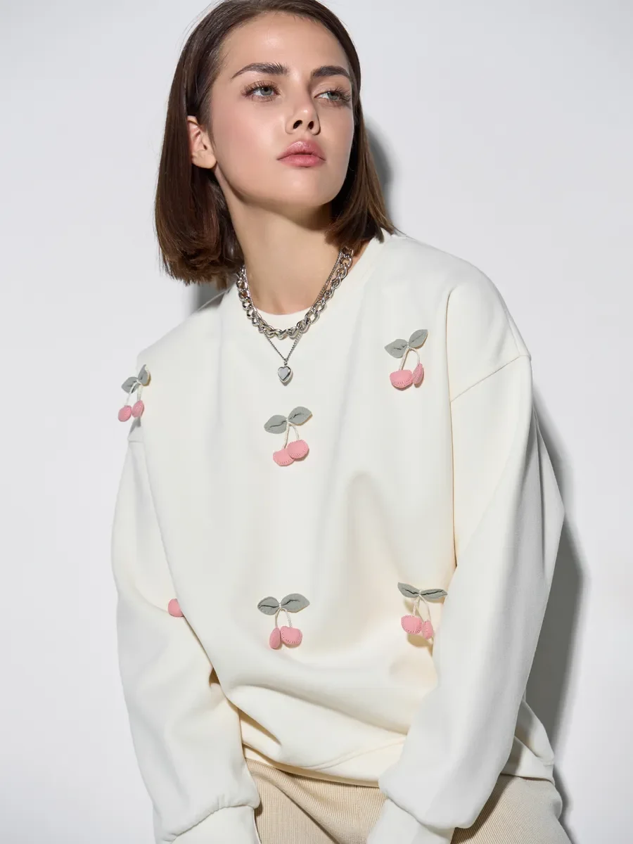 Winter New Women Pullovers Cute Cherry Round Neck Loose Fleece Thickened Sweater Sweatshirts