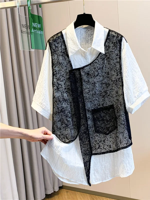 

Loose ort Sve Bla Lace Splice Women's irt Summer New Sle plus Size Design Sensation Fake Two-Piece Top Ladies' Fas...