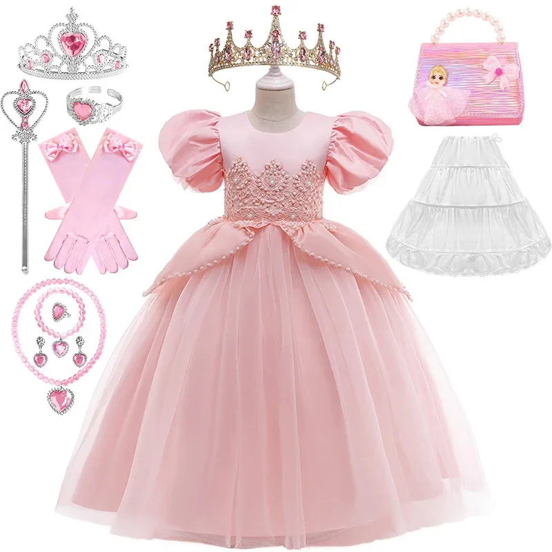 

Elegant Girl Lace Flower Princess Beaded Long Dresses Christmas Children's Puff Sleeve Wedding Graduation Ceremony Pageant Dress