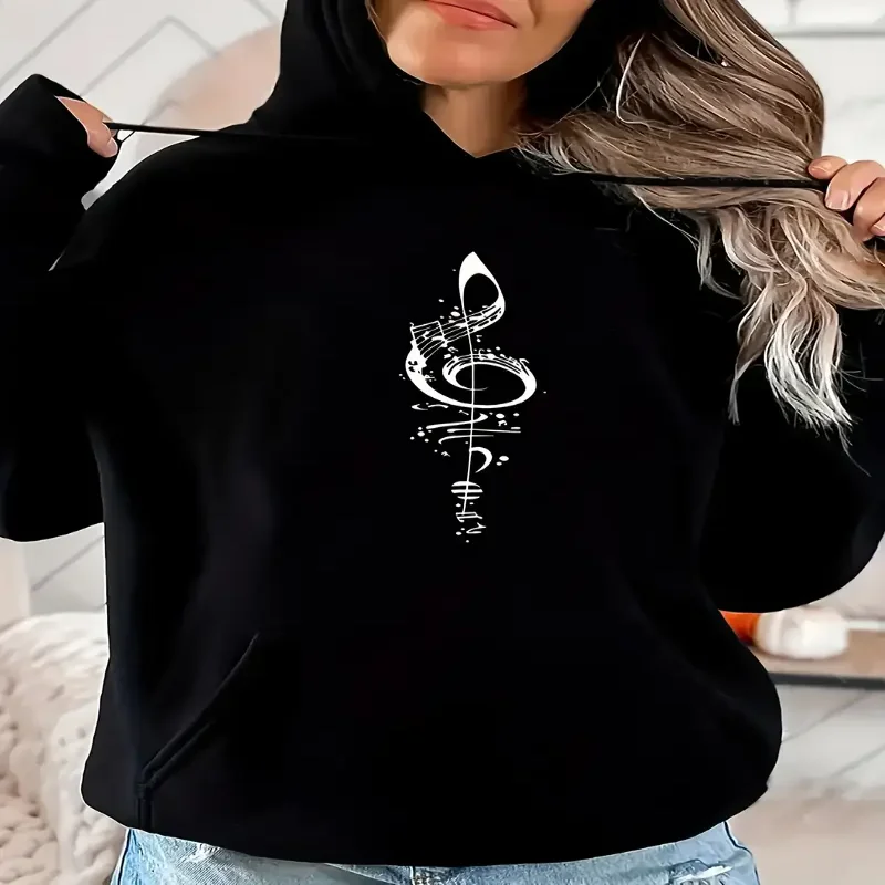 Womens Hooded Sweatshirt Music Note Treble Clef Splatter Art Graphic Casual Autumn Winter Season Streetwear Pullover Daily Wear
