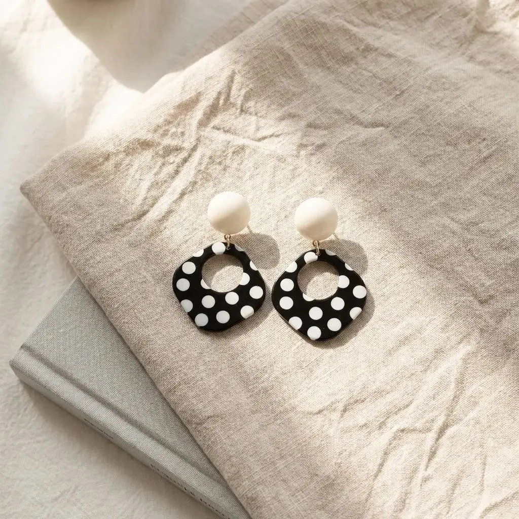 Retro Elegant Black and White Polka Dot Square Earrings for Women Fashion Silver Needle Minimalist Acrylic Earrings Jewelry Gift