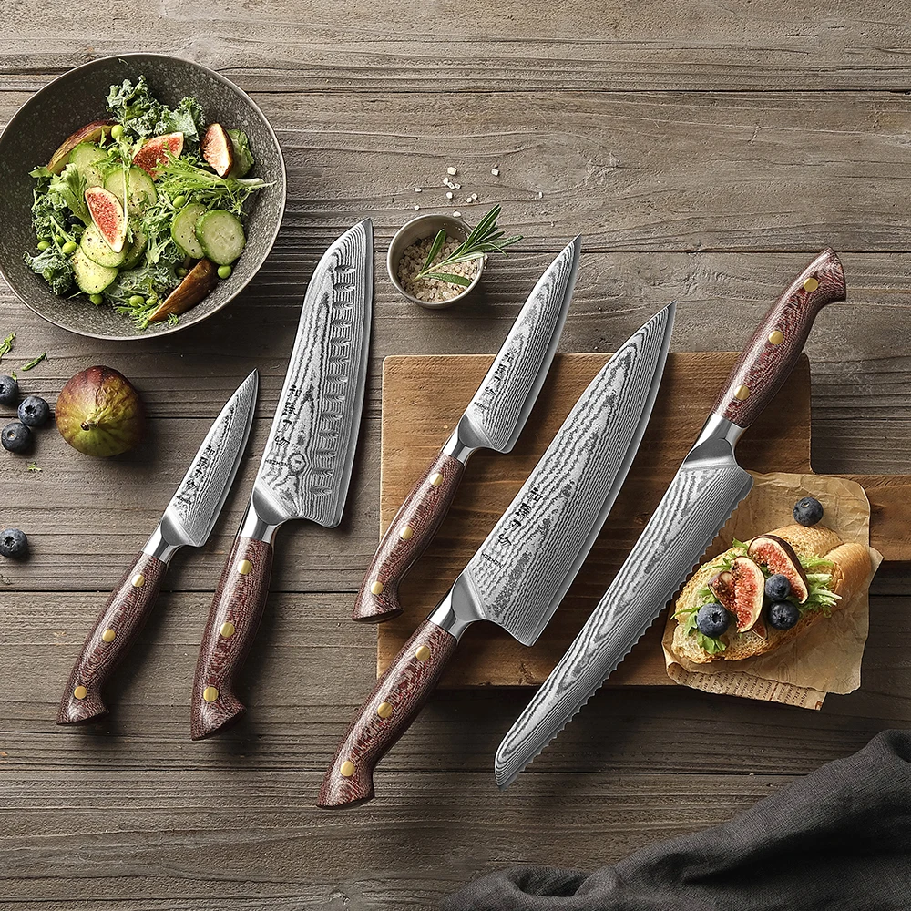 

HEZHEN 1PC/5PC Knife Set Damascus Steel Chef Santoku Micarta Handle Bread Utility Paring Cook Knife For Meat Sharp Kitchen Knife