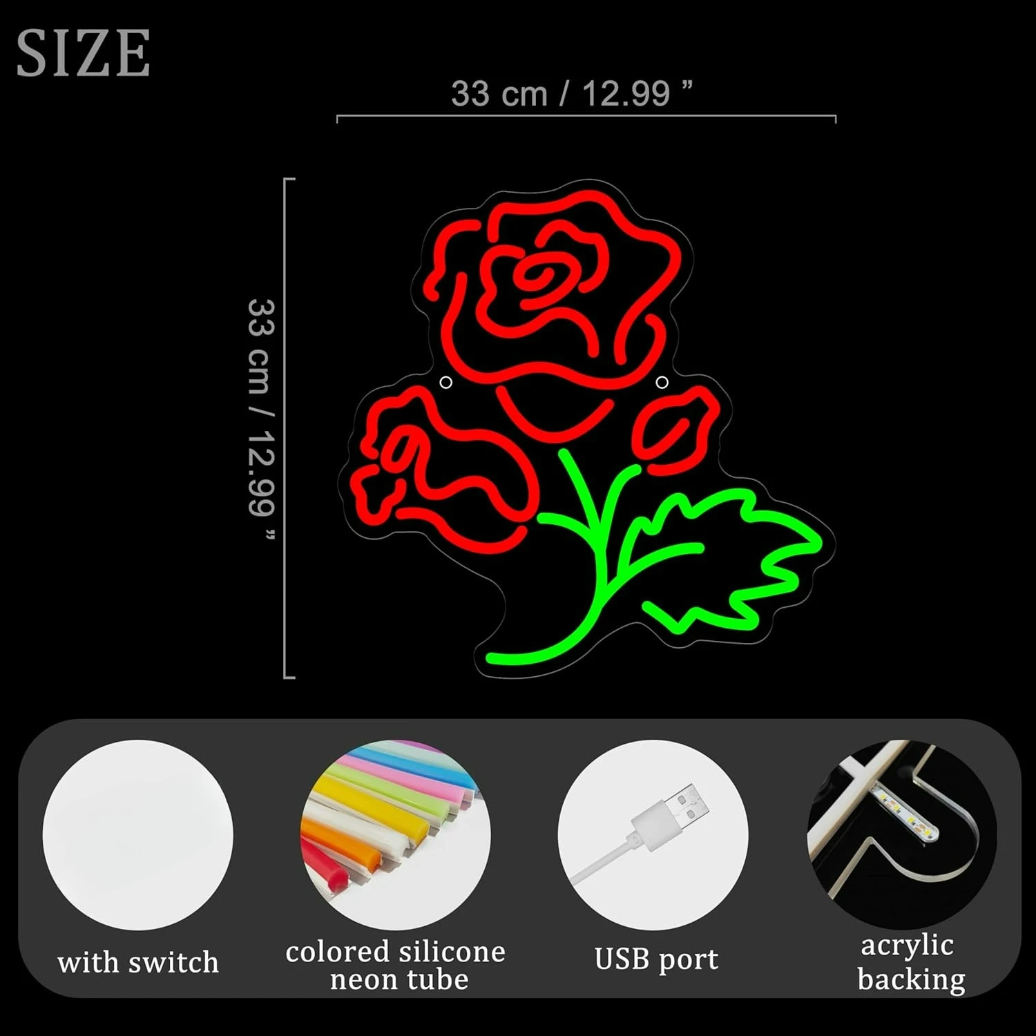 Red Rose Neon Sign USB Dimmable LED Romantic Rose Flower Lights for Home Living Room Flowers Store Party Wedding Wall Art Decor