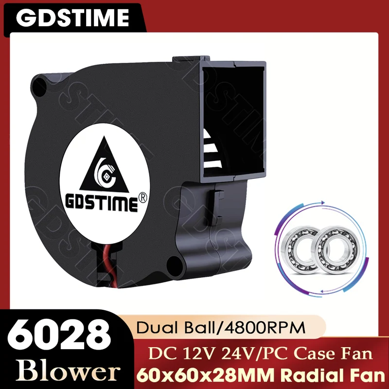 GDSTIME Brushless DC 12V 24V Cooler 60x60x28mm 60mm 2Pin Centrifugal Blower Cooling Fan 6028 6cm Sleeve Dual Ball Radiator