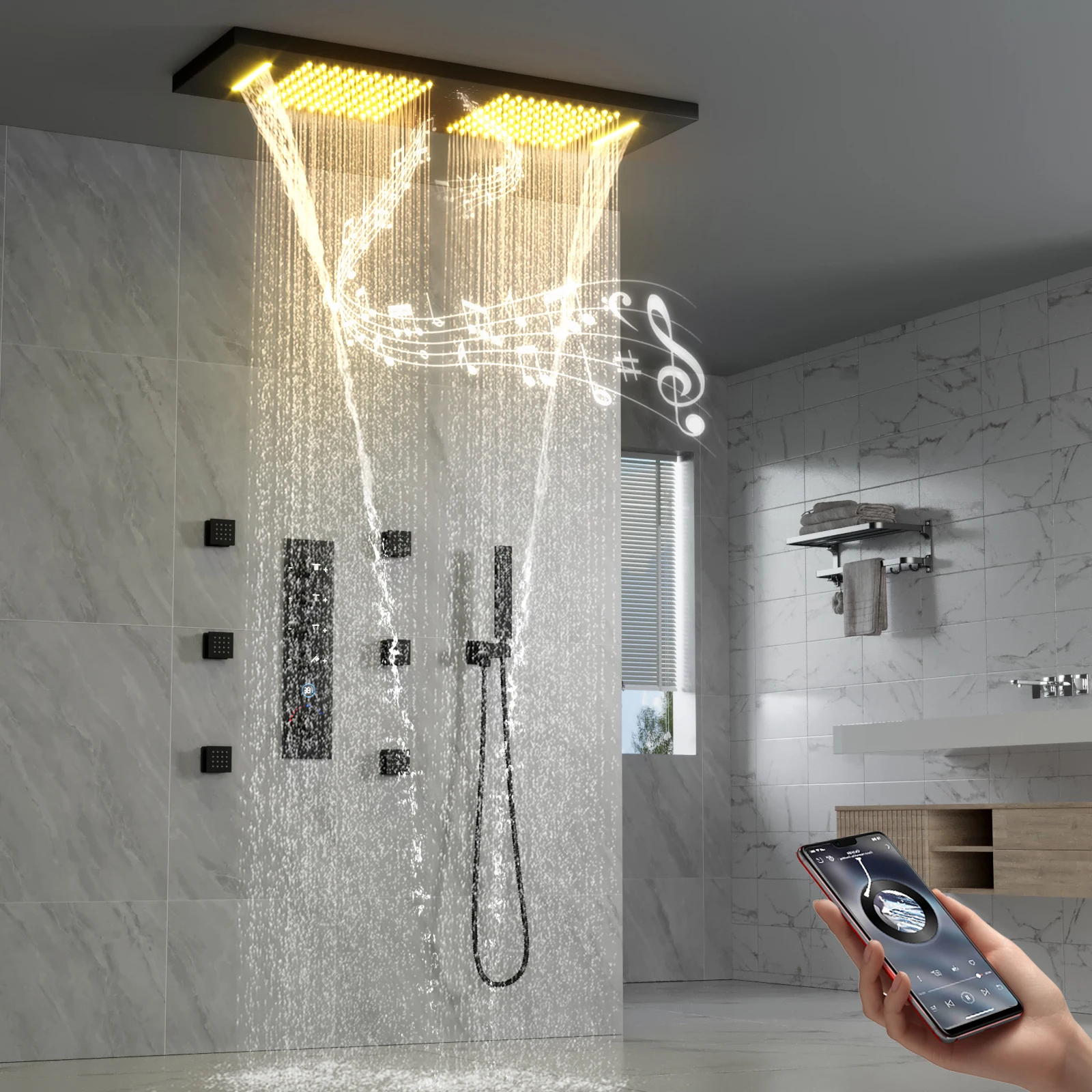 12*36 Inch Ceiling LED Rain Shower Head With Hand Sprays Matte Black Thermostatic Rainfall Shower System Set With Body Jets Kit