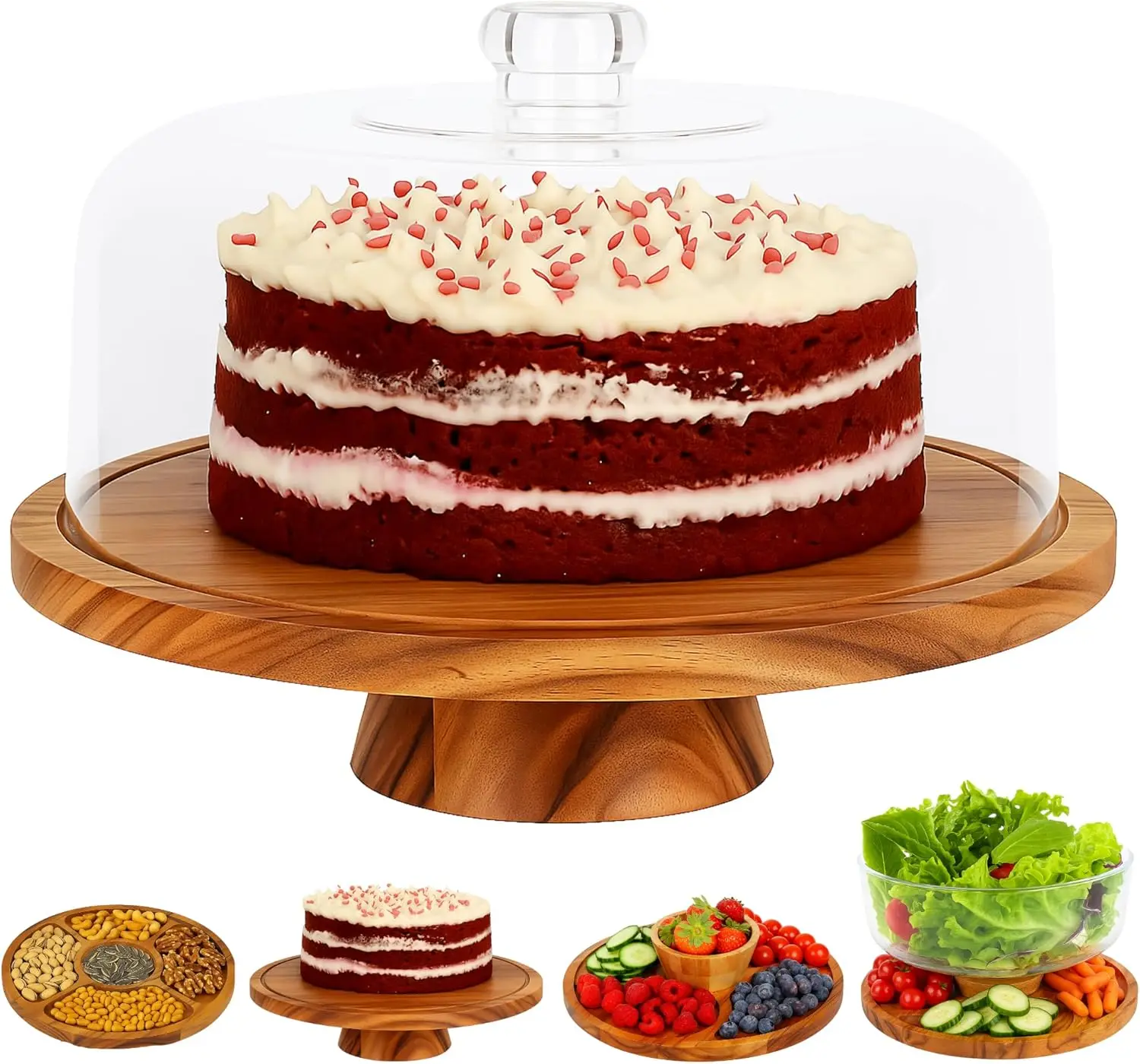 

6-in-1 Large Acacia Wood Cake Stand with Shatterproof Acrylic Dome Lid, Multiuse Serving Tray