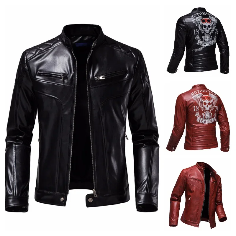 

2023 Spring and Autumn Men's Fashion Skull Print Pressed Cotton Windproof Motorcycle Leather Coat Jacket Coat