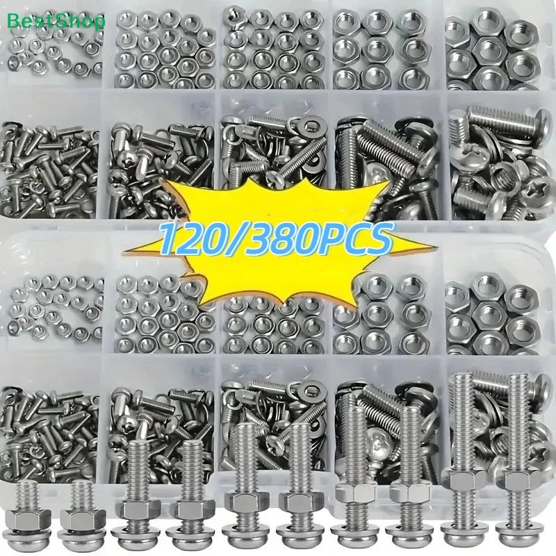 〔Q〕Hex Nuts And Bolt Set - 380 Pieces/120Pcs,Durable M2 - M5 Metric Size, Universal Hardware Kit For DIY Projects And Repairs