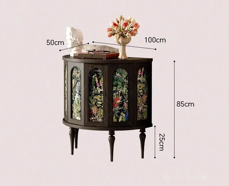 French Floral Solid Wood Entryway Cabinet Vintage Half Round Six-Sided Cabinet Living Room Storage Decorative Cabinet