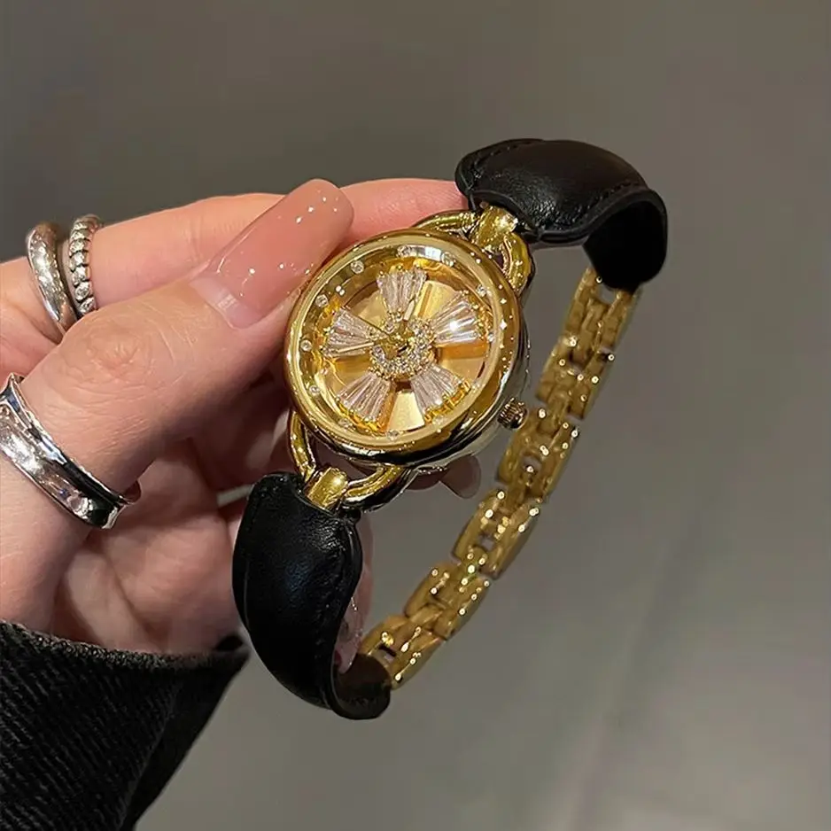 Luxury Rotating Flower Women Watch Leather Splicing Metal Strap Round Dial Fashion Elegant Ladies Quartz Dress Wristwatch Gift