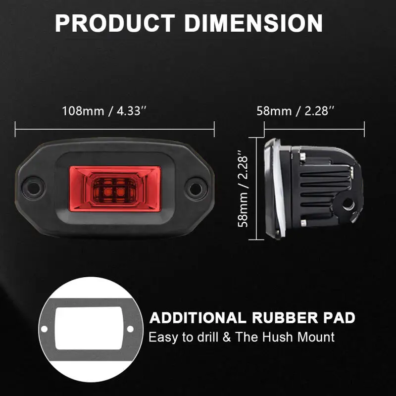 Red Light Bar 20W/40W LED Recessed Mount Flood Light Driving Fog Work Light for 4X4 Off Road Jeep SUV UTV Boat 4 Inch/6 Inch