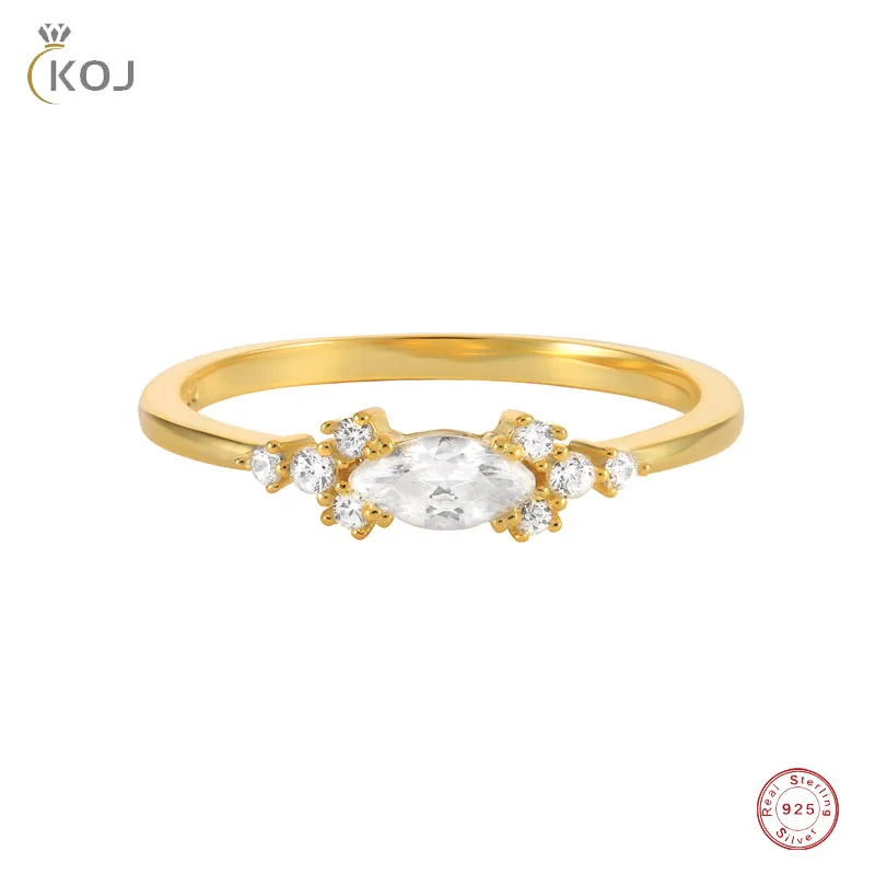 

KOJ 925 Sterling Silver Oval Crystal Rings For Women 18K Gold Rainbow Zircon Pave Slim Rings Wedding Party Fine Jewelry Gift