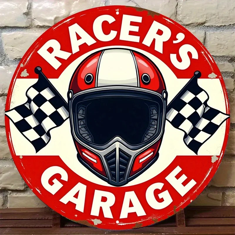علامة قصدير معدنية لمرآب المتسابق - تصميم علم السباق الرجعية وخوذة صفيح علامات لوحة مستديرة حافة متعثرة جدار الفن اللوحة ديكور