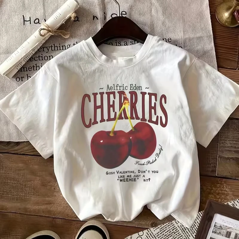 European and American Y2K Hot Girl INS Style Cherry Letter Printed Top Round Neck Short Sleeved T-shirt for Women T Shirt 2026
