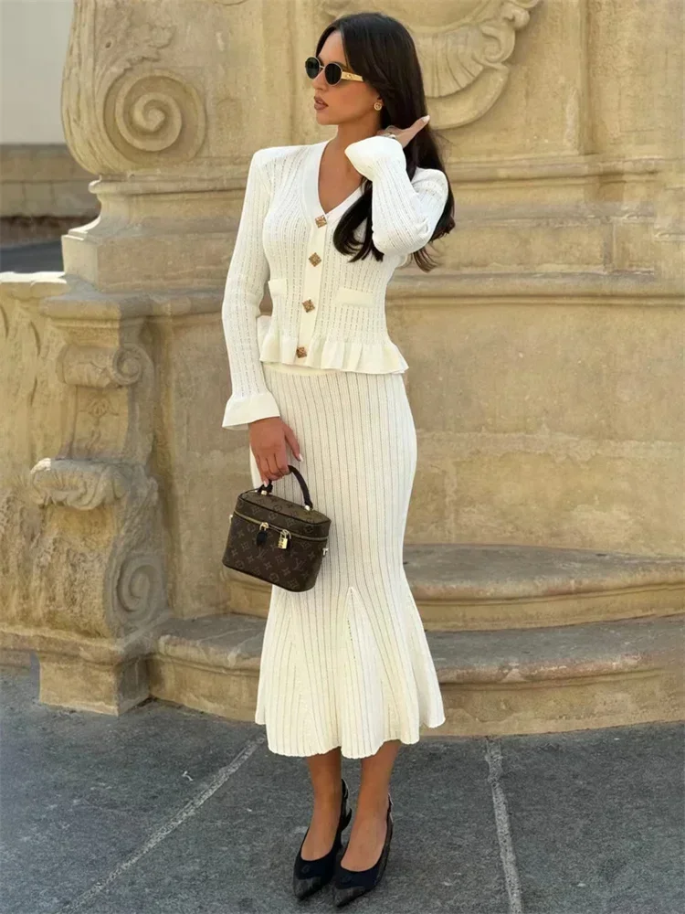 فستان ماكسي محبوك مكشكش للنساء فستان حفلات بفتحة رقبة على شكل v أنيق مرقع وأكمام طويلة فستان تريكو نسائي