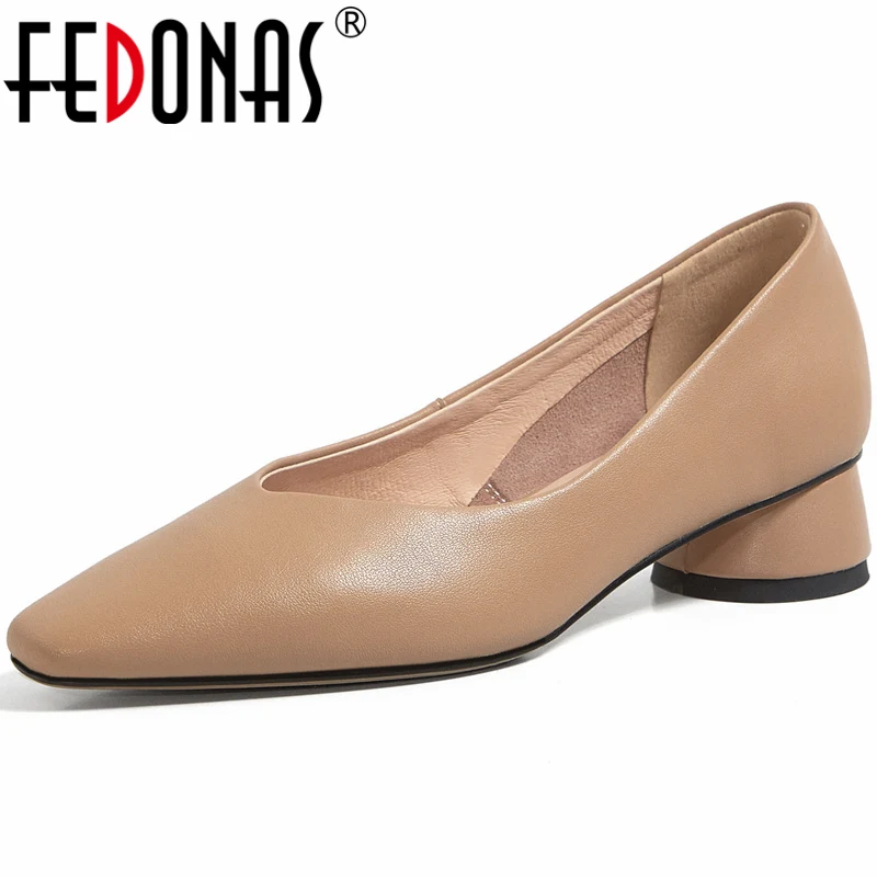 FEDONAS Classic Concise Women Pumps Thick Heels Genuine Leather Office Lady Working Mature Basic Shoes Woman Spring Summer 2024