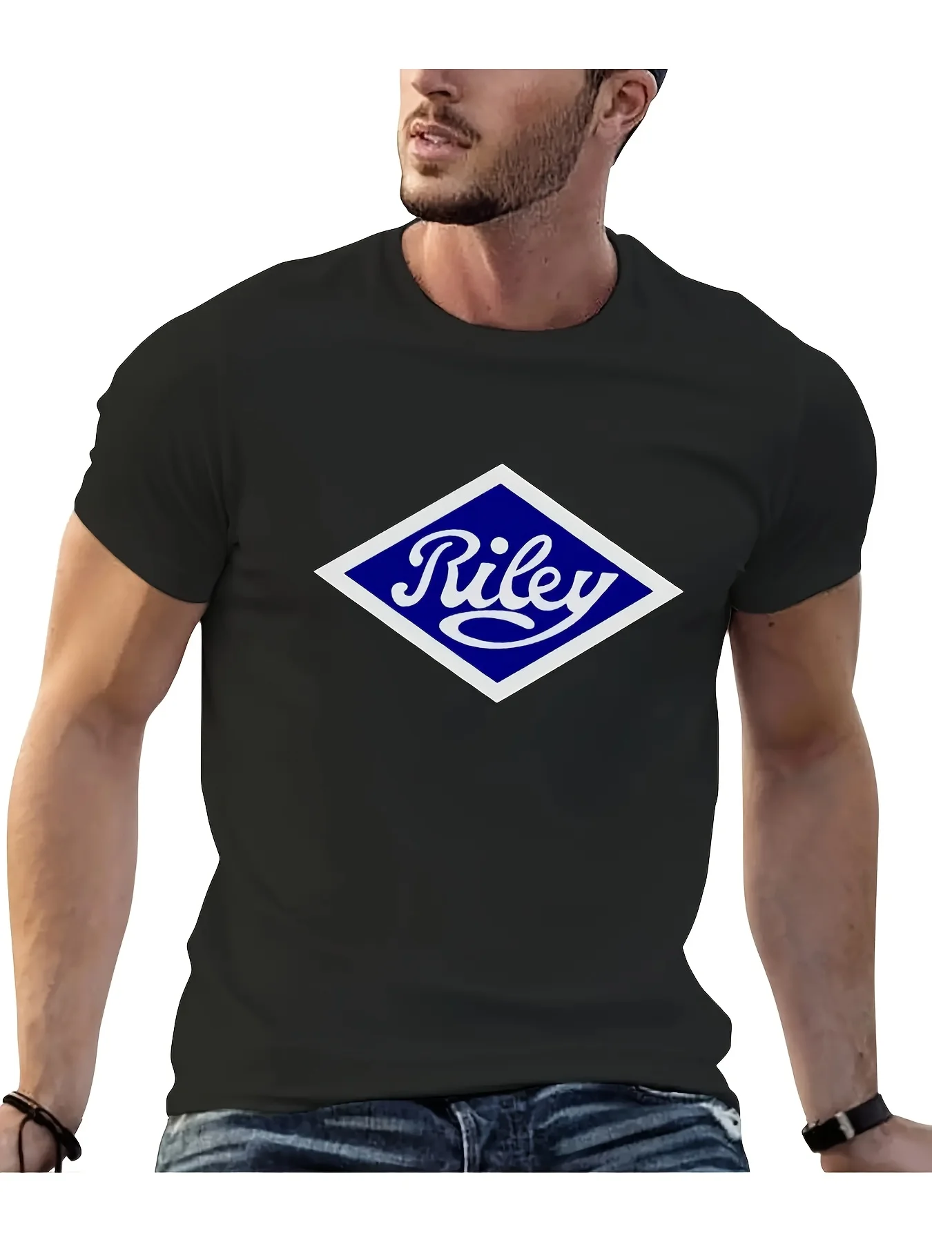 2026 Men'S Riley Classic Car Logo Pattern T-Shirt - Heavy Short Sleeve Crew Neck, Black with Blue And White Geometric Design, Re
