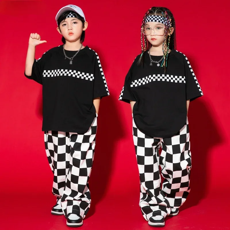 Loose T-shirt Girls Hip Hop Top Sweatpants Streetwear Clothes Kids Jazz Outfits Child Costumes Boys Street Dance Plaid Pants