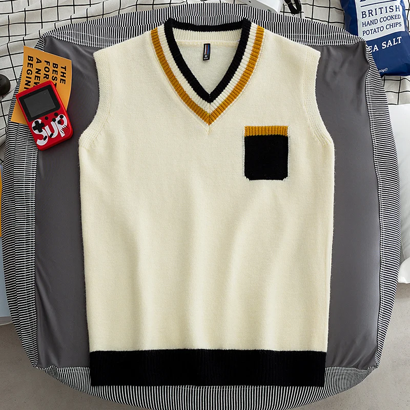 Men's Preppy Style Sweater Vest V-Neck Sleeveless Sweater Vest Classic Fit Campus Pullovers Fashion Tank Tops