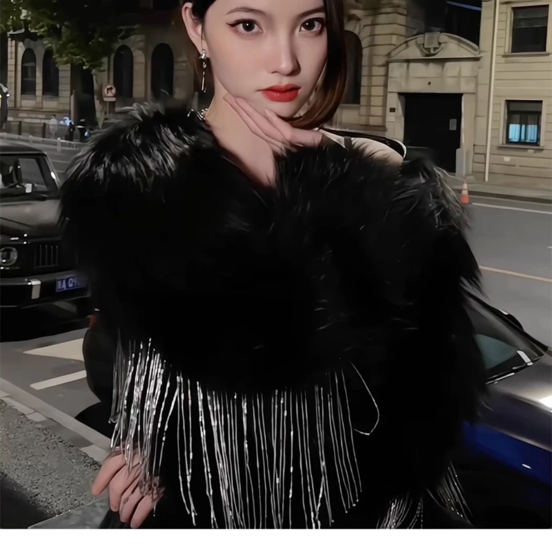 YOLANFAIRY 가을 겨울 수입 여우털 코트 여성 순색 두꺼운 브이넥 짜임 프린지 퍼 코트 2025