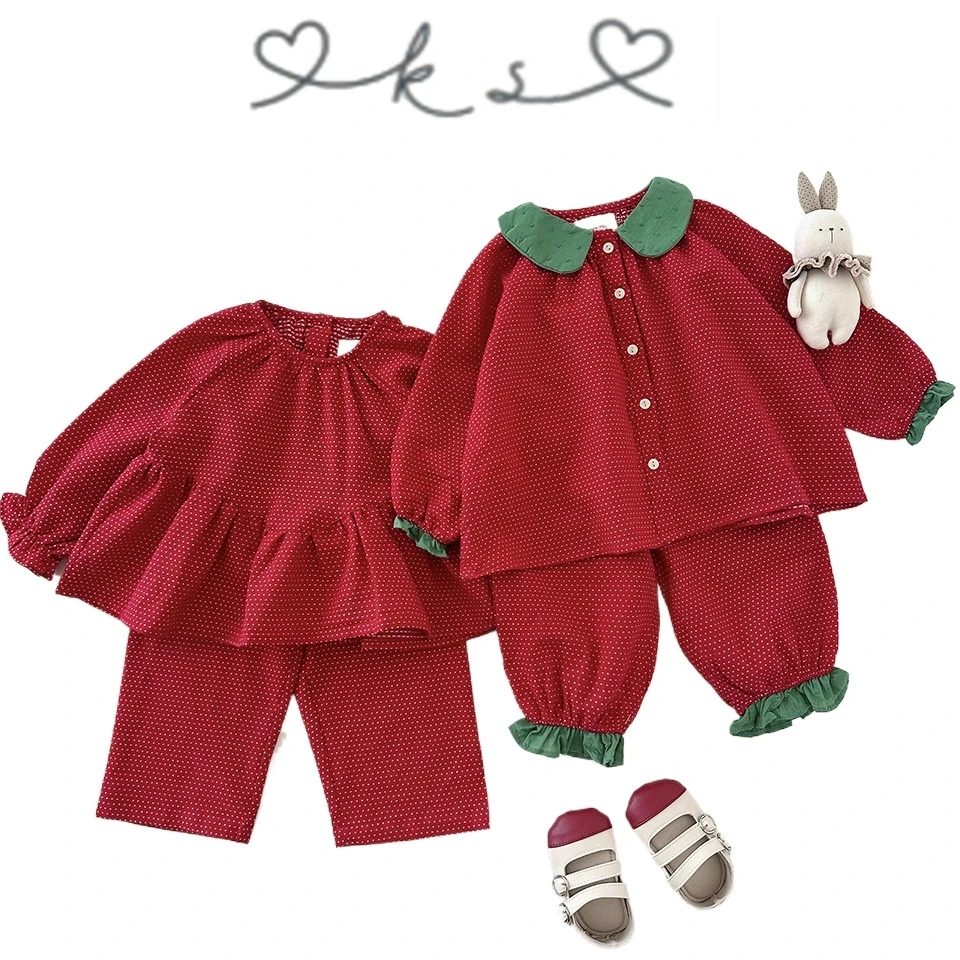 2026 KS Spring Baby Girls Strawberry Dots T Shirts Pants Suits Kids Clothes Girls Long Sleeve Cotton Cute Ruffled Tops Trousers