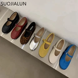 SUOJIALUN 2024 Autumn Women Flat Shoes Fashion Round Toe Shallow Ladies Dress Mary Jane Shoes Soft Flat Heel Casual Ballerinas