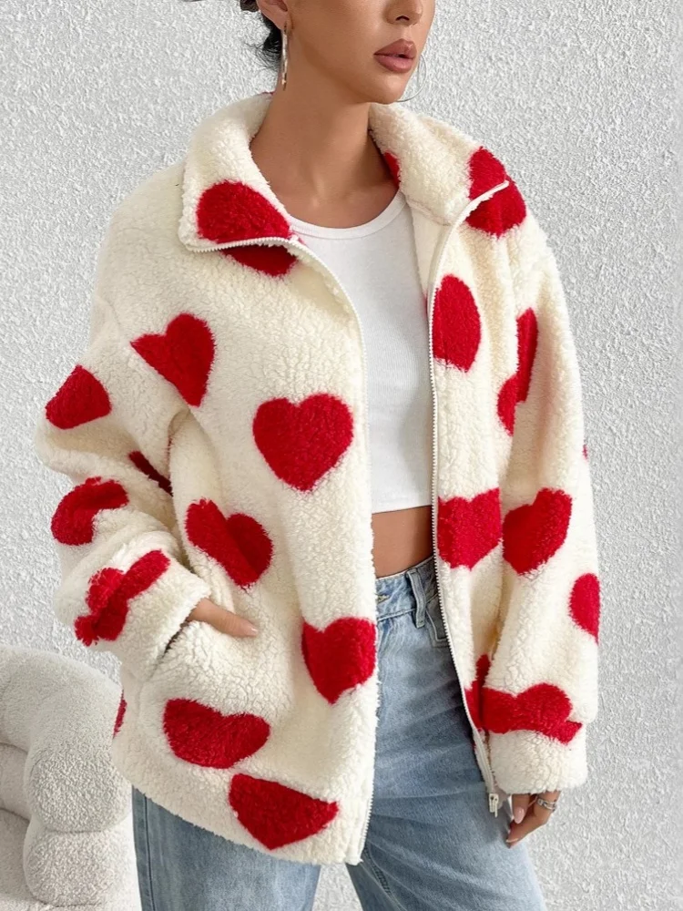 Wmstar Women Heart Print Jacket Zip Up Stand Collar Coat Long Sleeve Loose Casual Warm Outerwear Cute Daily Street Outfit