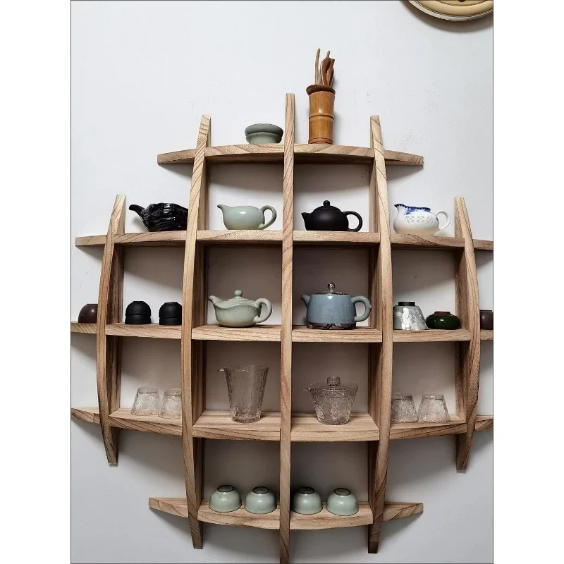 Modern minimalist wall-mounted solid wood Chinese-style wall-mounted living room decoration background teacup tea set rack shelf